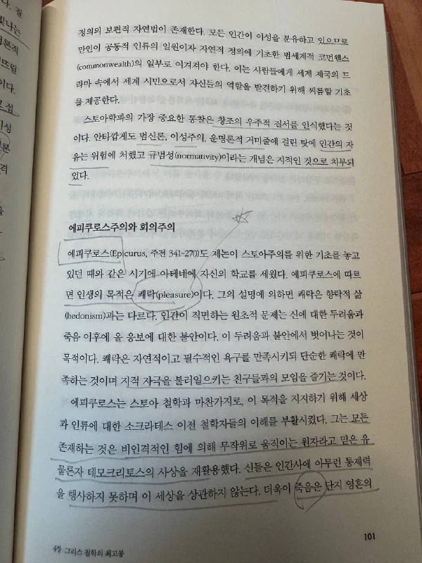 책 101쪽 &lsquo;에피쿠로스주의와 회의주의&rsquo; 절. 에피쿠로스의 생몰년과 &lsquo;쾌락&rsquo;, &lsquo;죽음&rsquo; 같은 단어에 연필 동그라미가 그려져 있다