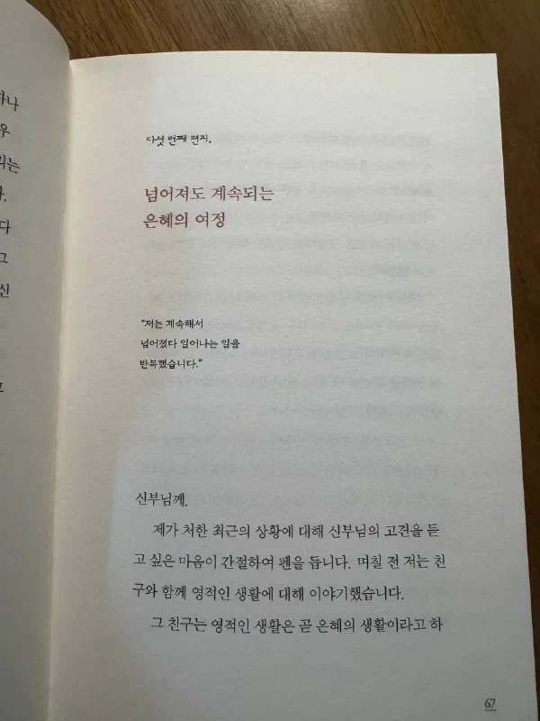 책 67쪽. &lsquo;다섯 번째 편지 - 넘어져도 계속되는 은혜의 여정&rsquo; 아래 &ldquo;저는 계속해서 넘어졌다 일어나는 일을 반복했습니다"라는 인용문이 있다