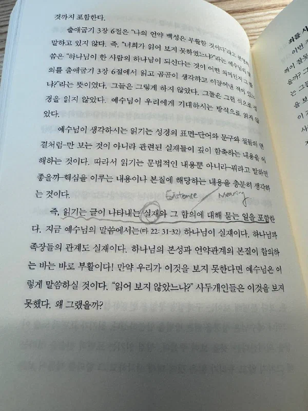 읽기의 정의를 다루는 대목 — 여백에 Existence / Meaning 이라 적어 두었다