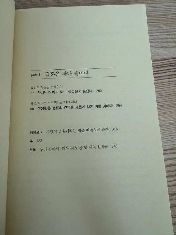‘결혼은 하나 됨이다’라는 3부 제목과 독신, 성생활, 에필로그, 부록의 제목이 나열된 목차